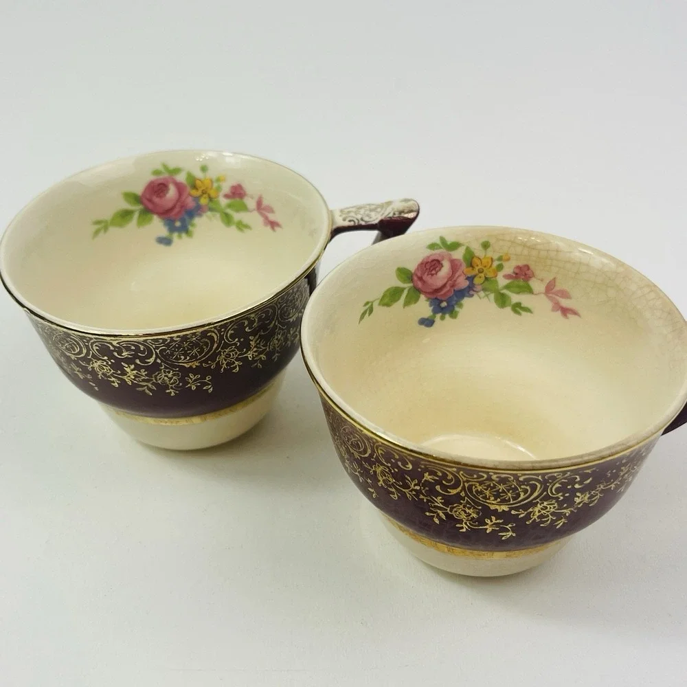 Century by Salem Aristocrat‎ 23 Karat Gold 2 Tea Cups Floral Crazing Browning